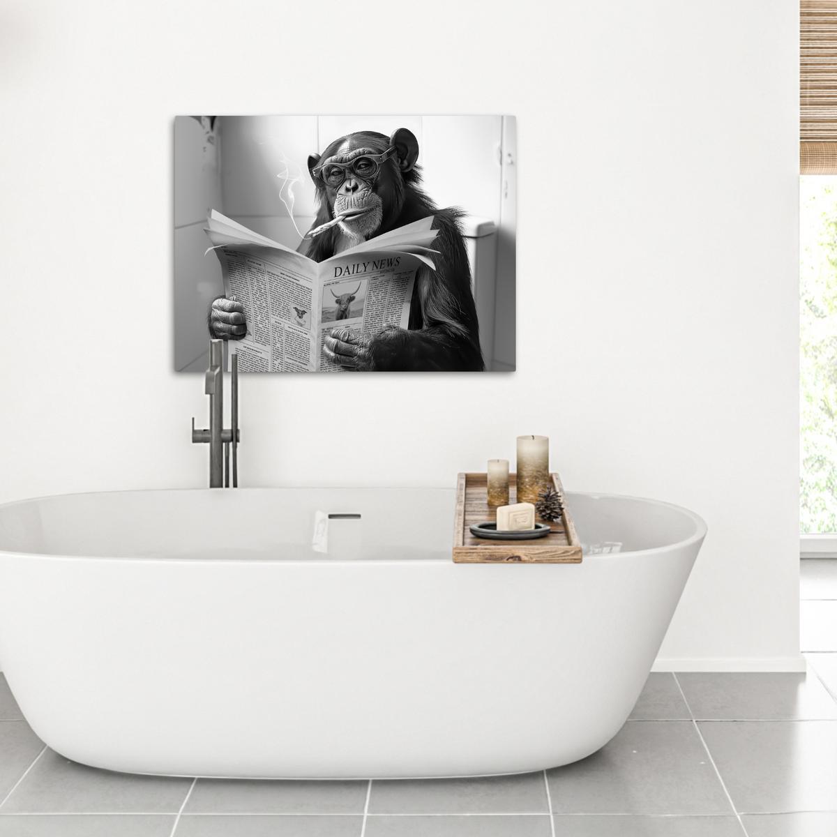 LEINWANDBILD Affe - WC - Zeitung - Schwarz-Weiß - Humor Wandbilder 80x60 cm - Hellgrau, Textil (80/60cm) - MuchoWow