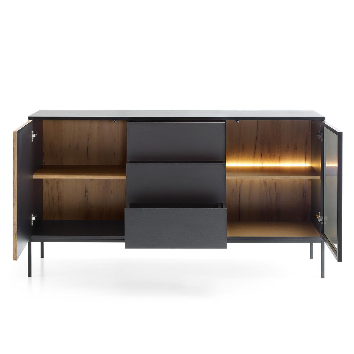 SIDEBOARD SENTIERO 154/83/39 cm mit LED 3 Schubladen und 2 Türen Schwarz - Eiche Wotan/Schwarz, Holzwerkstoff (154/83/39cm) - MASSENO