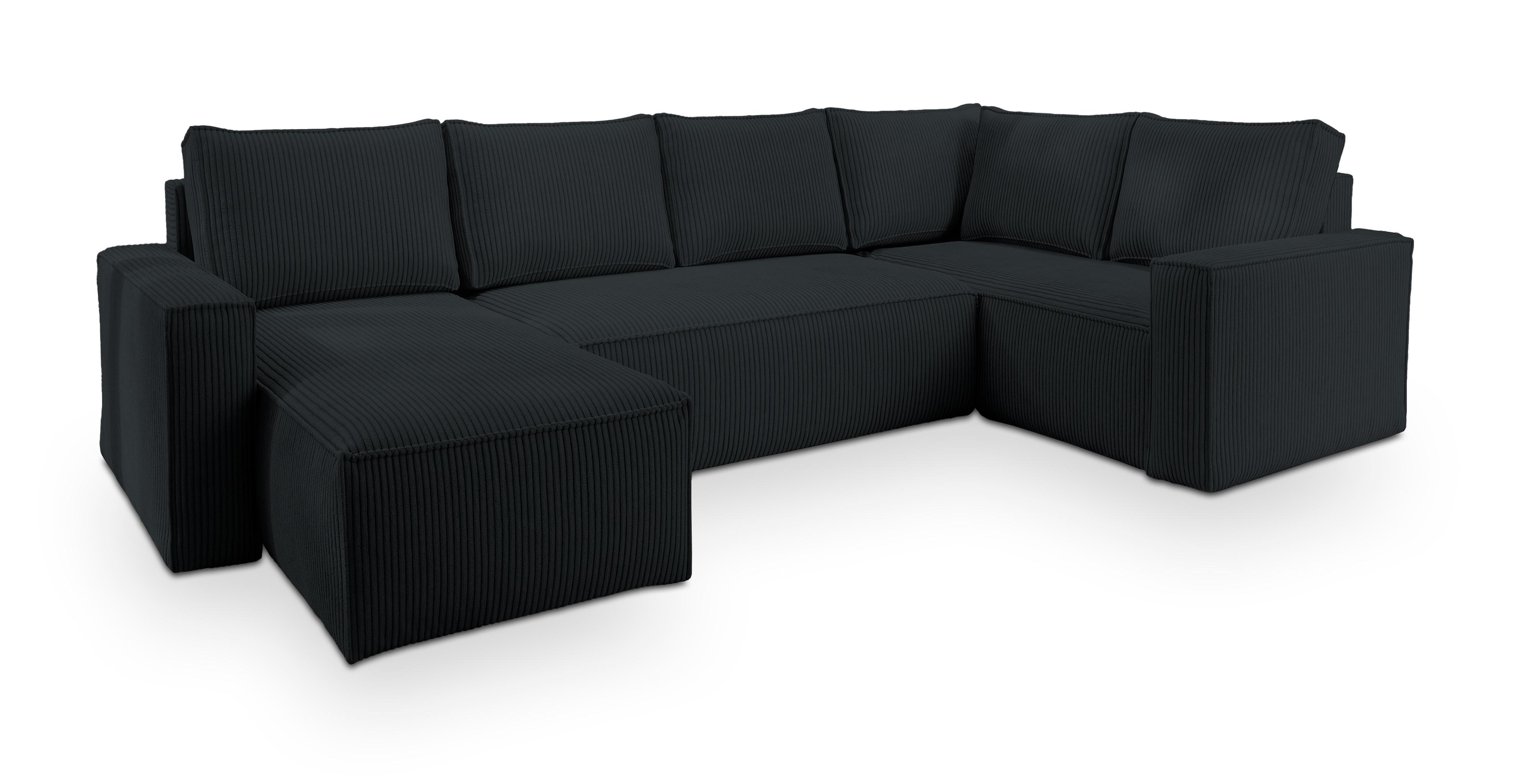 WOHNLANDSCHAFT NORENA R-S Schwarz Kordstoff mit Schlaffunktion - Schwarz, Holz (295/85/157.5cm) - MASSENO