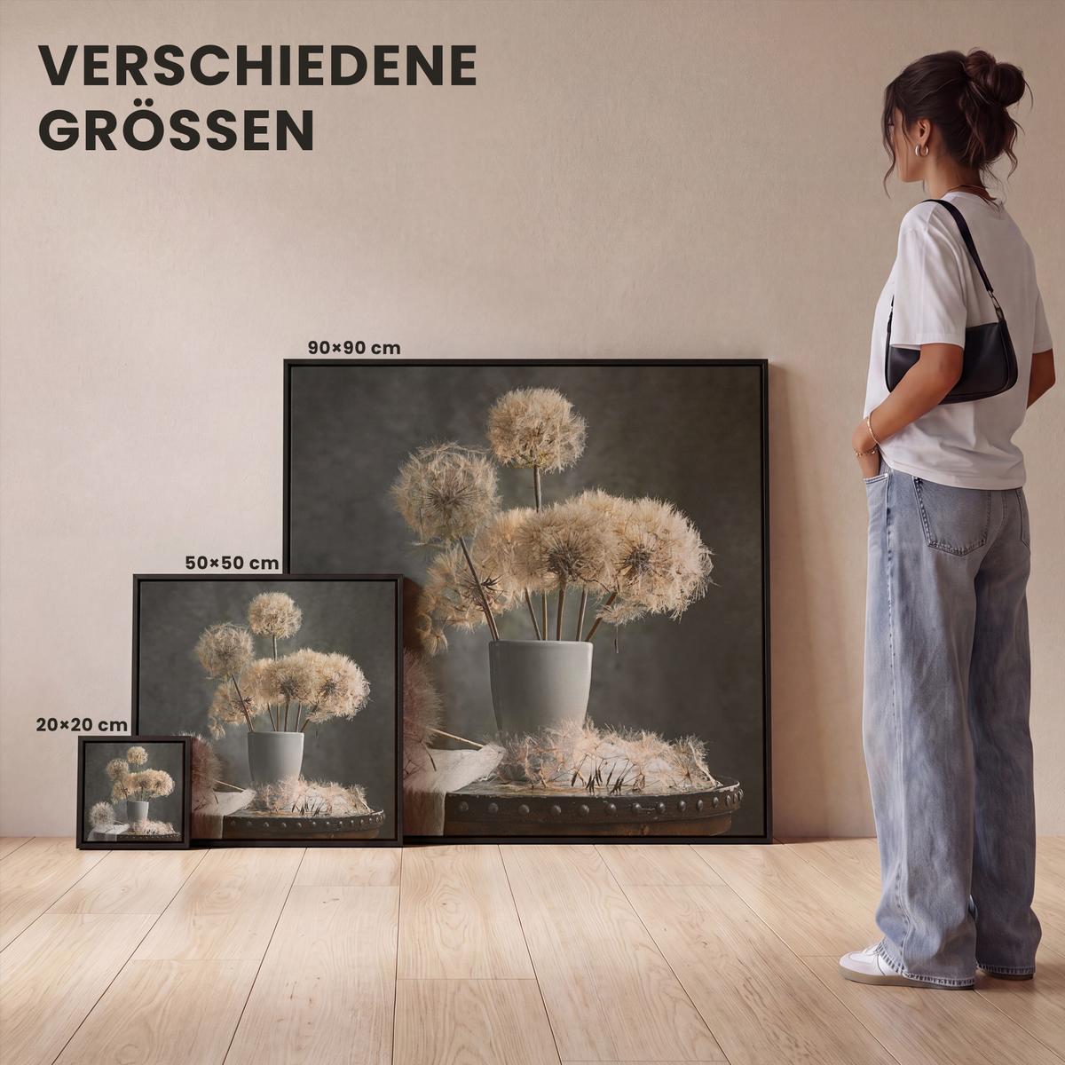 LEINWAND Bilder mit Rahmen - Blumensamen - Löwenzahn - Vase - Stilleben - Blumenstrauß - 50x50 - Dunkelgrau, Textil (50/50cm) - MuchoWow