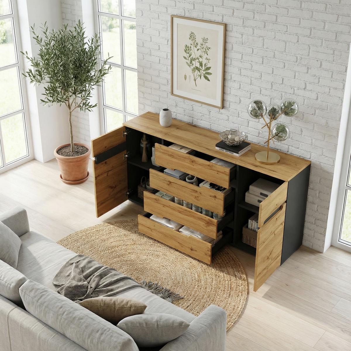 SIDEBOARD 160x80 cm in Holzoptik & Schwarz - Sonoma Eiche, Holzwerkstoff (160/80/40cm) - Urban Meuble
