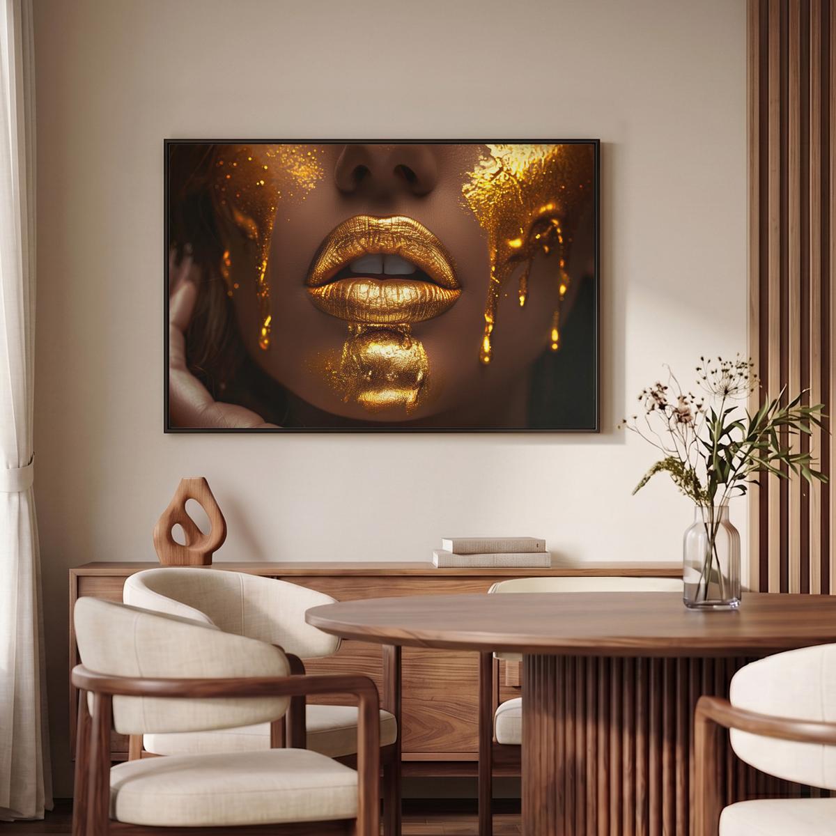 LEINWAND Bilder mit Rahmen - Frau - Gold - Luxus - Porträt - 90x60 - Goldfarben, Textil (90/60cm) - MuchoWow