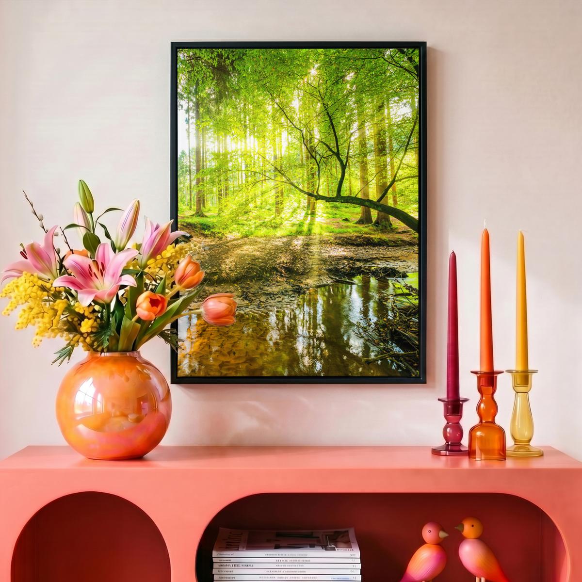 LEINWAND Bilder mit Rahmen - Wald - Landschaft - Wasser - Bäume - Sonne - Grün - Natur - 30x40 - Grün, Textil (30/40cm) - MuchoWow