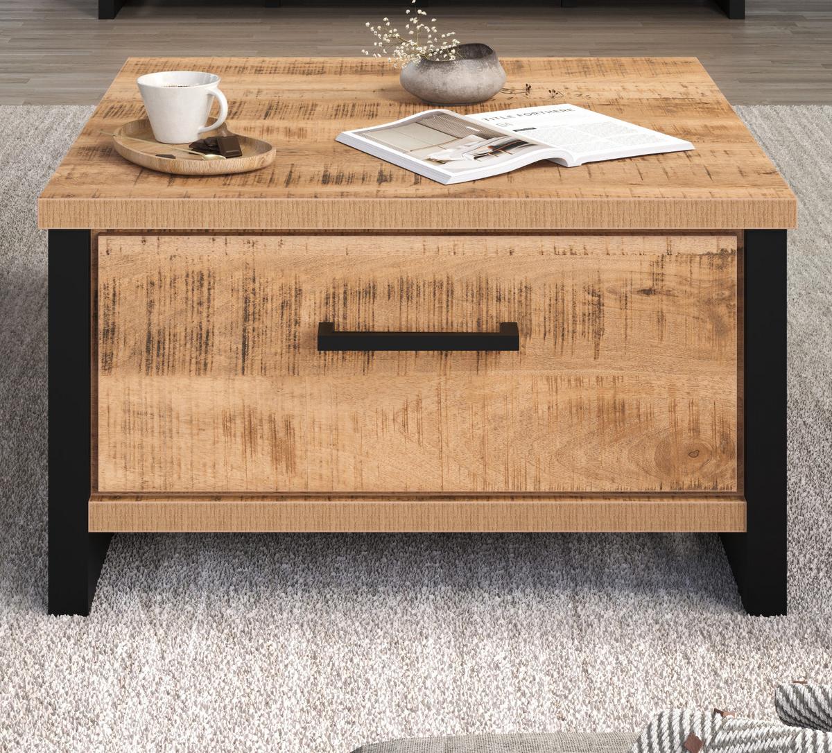 COUCHTISCH Mango, schwarz quadratisch 80 x 80 cm, Beistelltisch mit zwei Schubladen - Schwarz/Naturfarben, Holzwerkstoff/Kunststoff (80/80/45cm) - Top.Furn