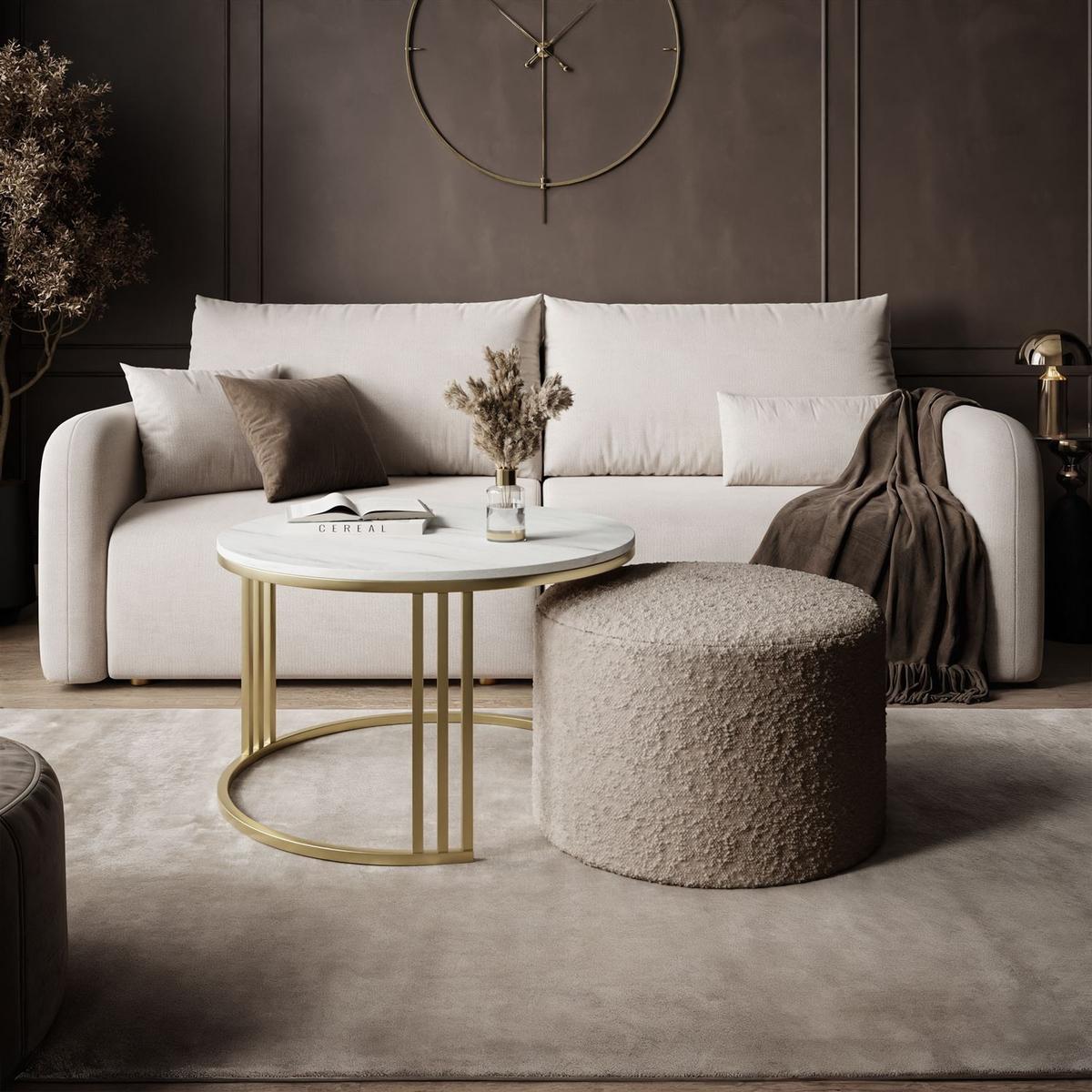 COUCHTISCH mit Hocker LORI MAT gebürstetes Gold/Marmor Levanto/Coral 50 - Weiß, Metall (70/70/49cm) - Lookway