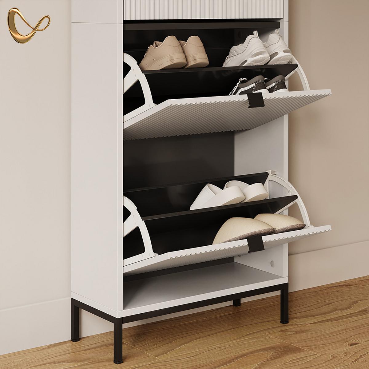 SCHUHKIPPER Aterno Weiß 60 x 168 cm mit 4 Klappschubladen - Weiß, Holzwerkstoff (60/168/24cm) - Livinity®