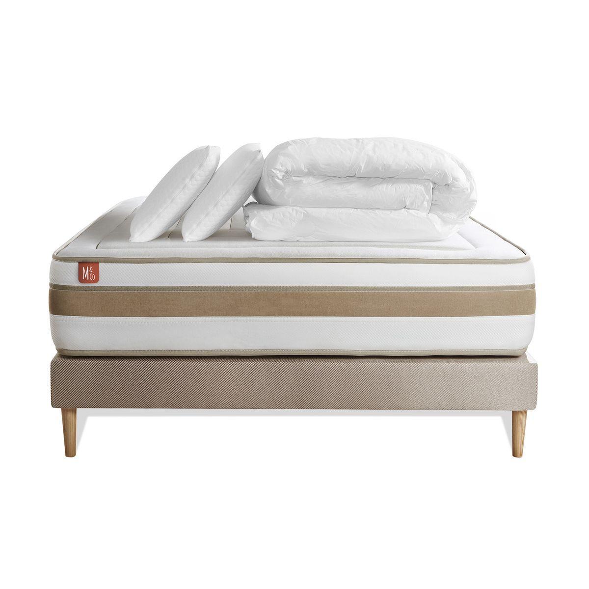 BETT Le Raffiné Taschenfederkern und Memory-Schaum 160 x 200 cm h1 - Kit Bettgestell Beige - Mit Kissen und Bettdecke - Beige, Karton/Holz (160/200cm) - Marmottes & Co