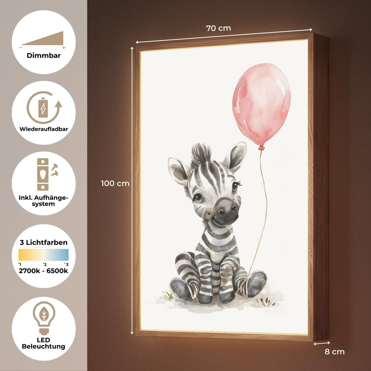WANDLEUCHTE MIT AKKU Zebra - Baby - Tiere - Rosa Luftballon 70x100 cm - Weiß, Holzwerkstoff (70/100/8cm) - OnlyWow
