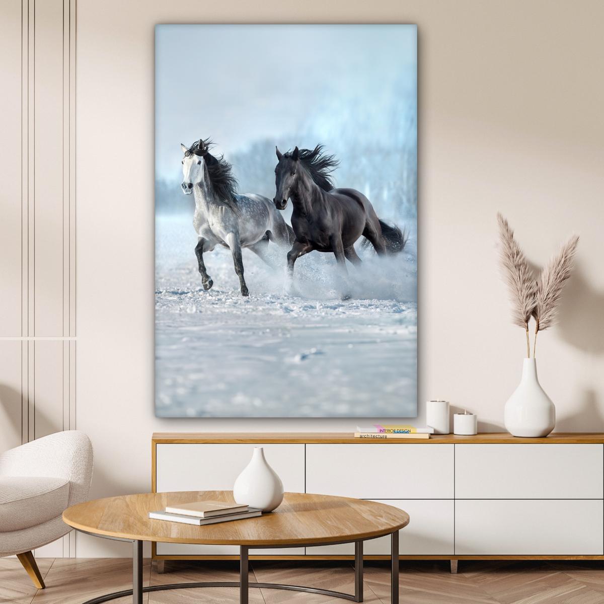 LEINWANDBILD Pferde - Winter - Tiere - Natur - Schnee Deko Groß 90x140 cm - Anthrazit, Textil (90/140cm) - MuchoWow