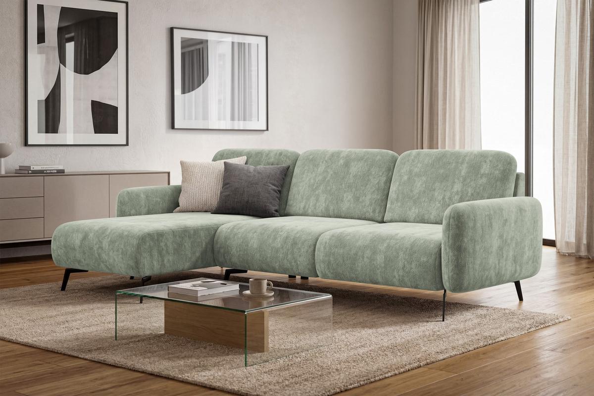 ECKSOFA FEBE 4-Sitzer LINKS, hellgrüner Chenille-Stoff - Schwarz/Hellgrün, Holz/Textil (264/157cm) - Wozimo