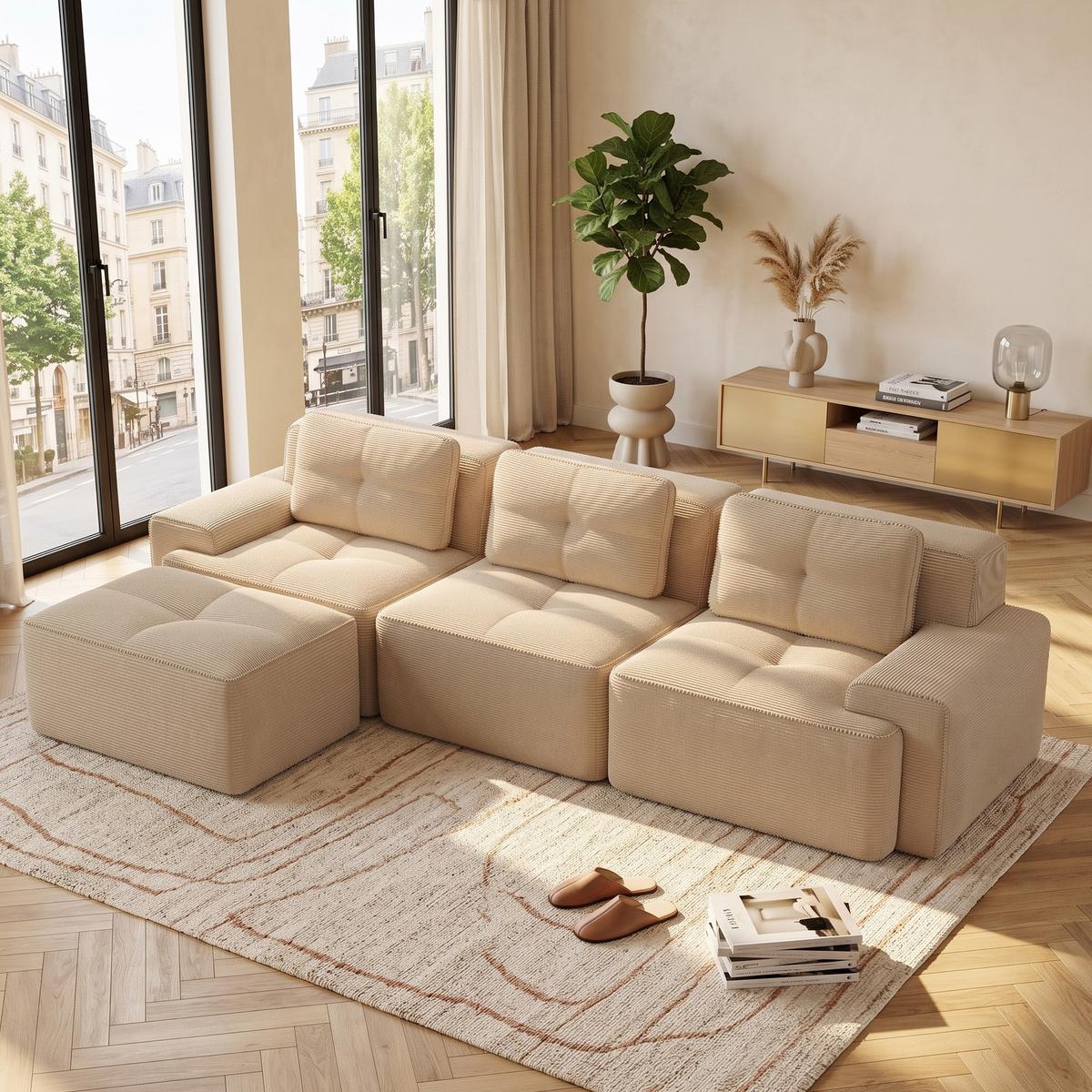 ECKSOFA Modulares Boneless L-Form Cloud-Sofa mit Ottoman Cord - Beige, Textil (293/177cm) - Urban Meuble