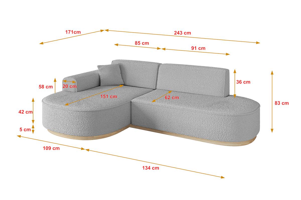 ECKSOFA Ottomane Links MARI-L1-v1 - 243x171x83 cm Hellgrau Bouclé - Hellgrau, Holzwerkstoff/Textil (243/171cm) - ALTDECOR