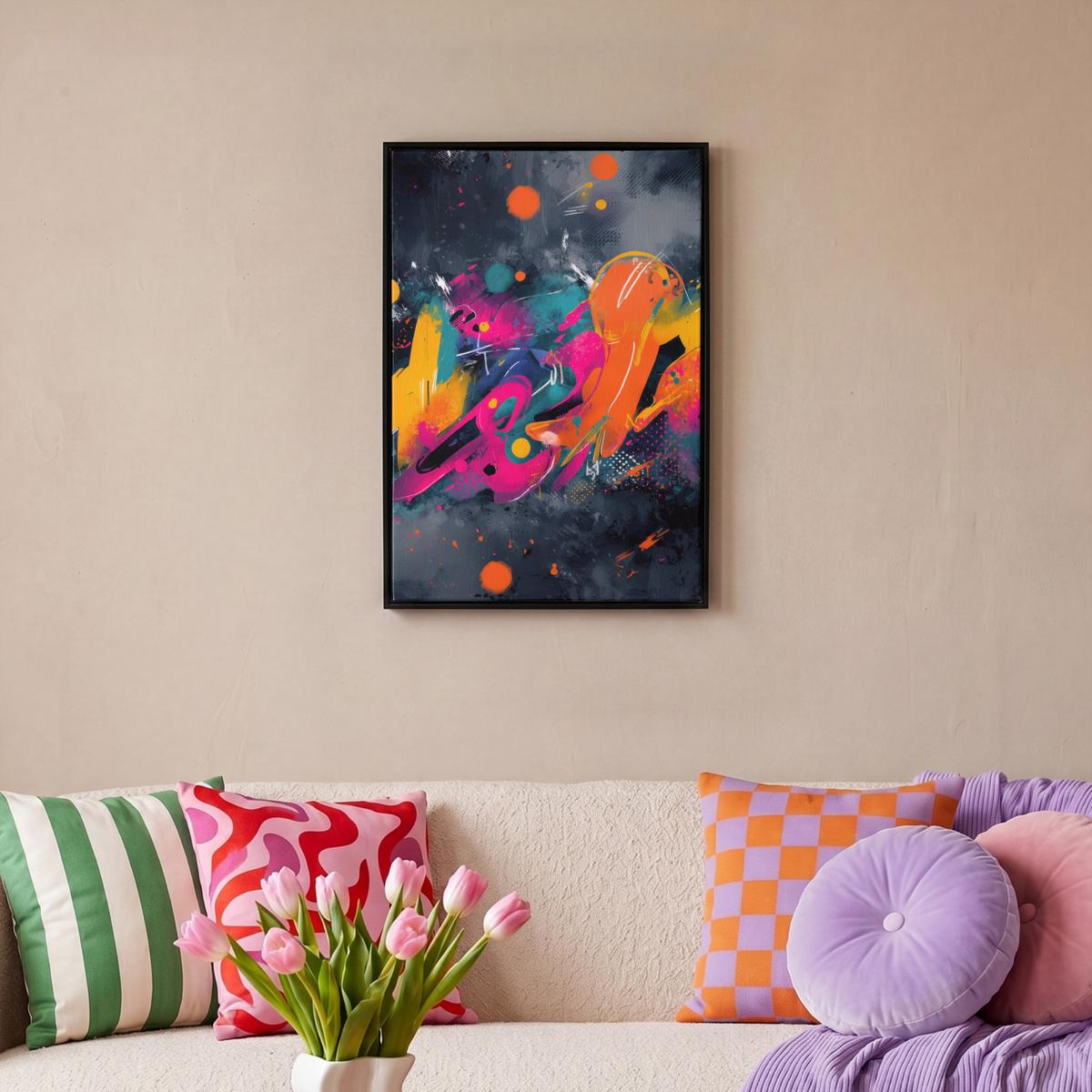 LEINWAND Bilder mit Rahmen - Abstrakt - Graffiti - Farbenfroh - Farbspritzer - 40x60 - Multicolor, Textil (40/60cm) - MuchoWow