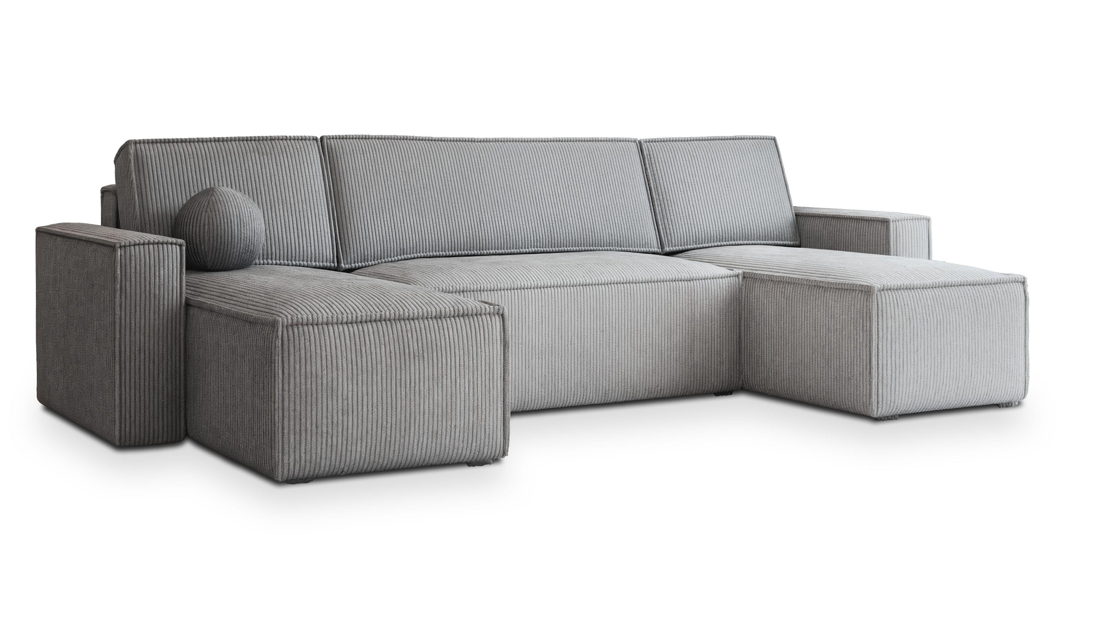 WOHNLANDSCHAFT PESANO P Hellgrau Kordstoff mit Schlaffunktion - Hellgrau/Grau, Holz/Kunststoff (306/85/140cm) - MASSENO