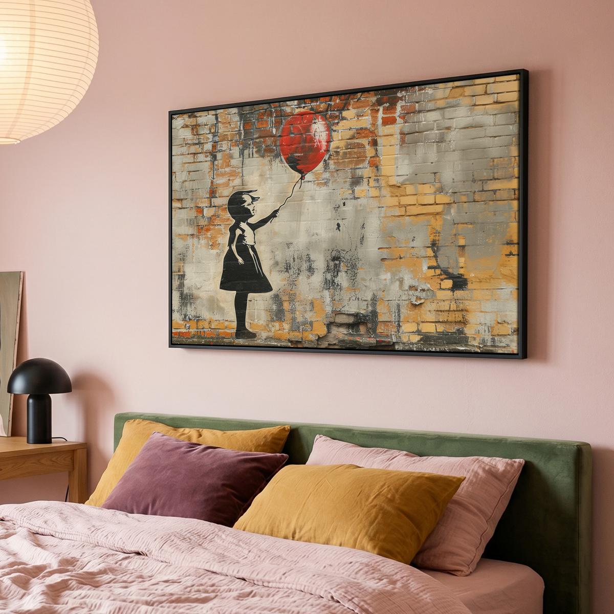 LEINWAND Bilder mit Rahmen - Graffiti - Banksy - Mädchen - Straßenkunst - 150x100 - Sandfarben, Textil (150/100cm) - MuchoWow