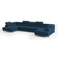 WOHNLANDSCHAFT URMANO Blau Velours-Stoff mit Schlaffunktion - Blau, Holz (395/89/190cm) - MASSENO