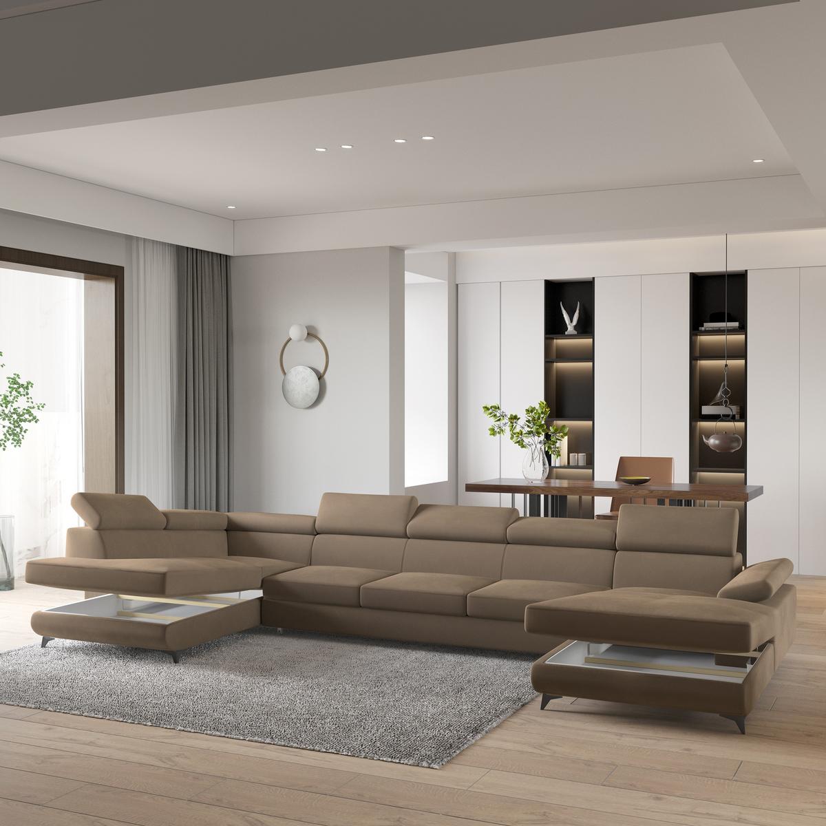 WOHNLANDSCHAFT MONTIVA Beige Velours-Stoff mit Schlaffunktion - Beige, Holz (410/89/190cm) - MASSENO