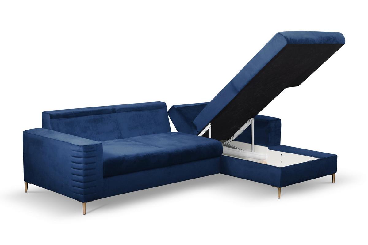ECKSOFA GRIFO R-S Blau Velours-Stoff mit Schlaffunktion - Blau, Holz (253/165cm) - MASSENO