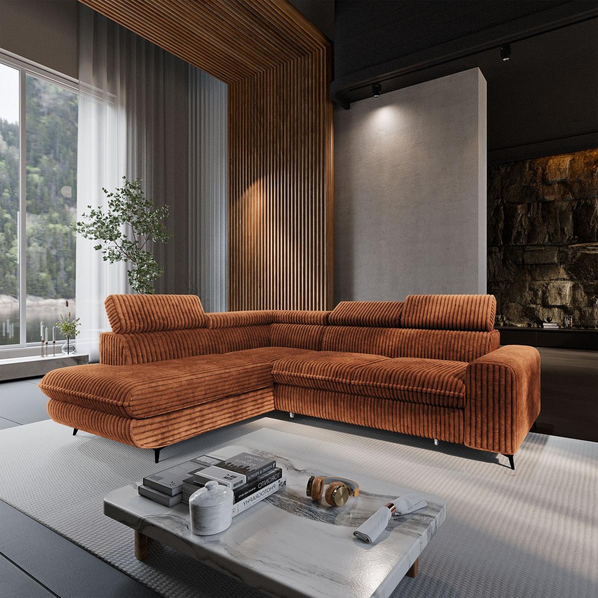 ECKSOFA VELISS Braun Kordstoff mit Schlaffunktion - Braun, Holz (255/193cm) - MASSENO