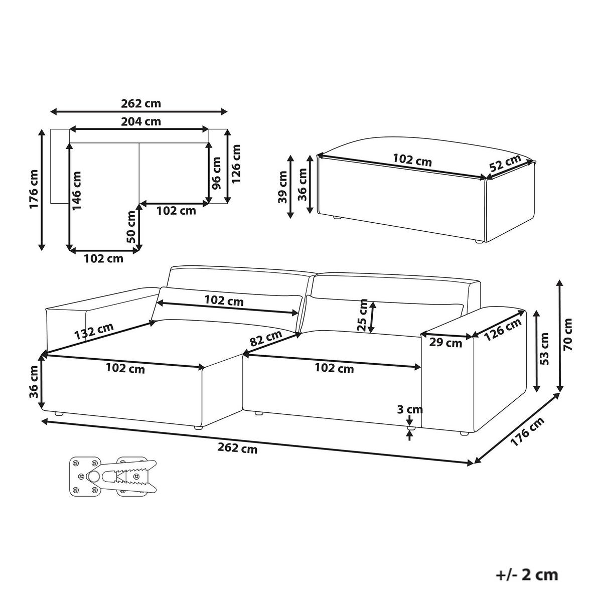 ECKSOFA Modul 3-Sitzer rechtsseitig Grau Stoff mit Ottomane Hellnar - Grau, Textil (262/176cm) - Beliani