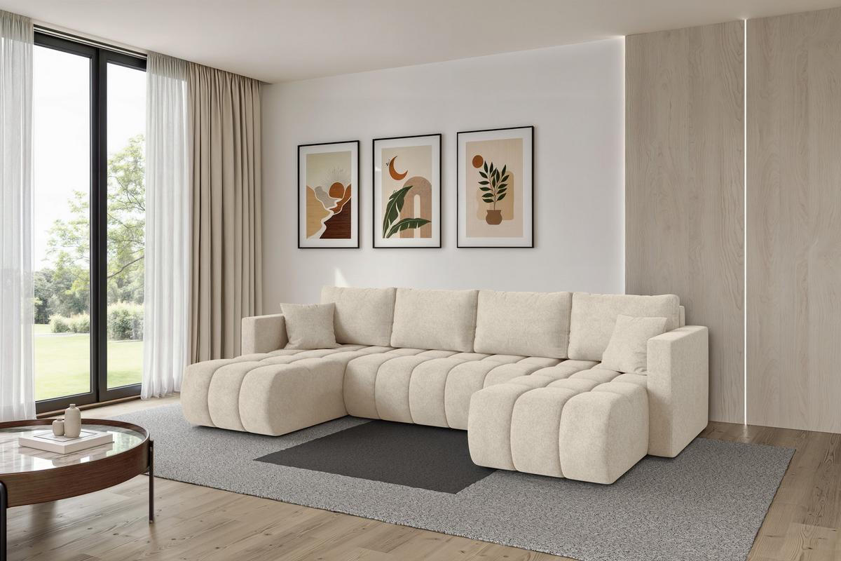WOHNLANDSCHAFT mit Schlaffunktion und Bettkasten GARD-U 300x146x85 Creme Velours - Creme/Schwarz, Holzwerkstoff/Kunststoff (300/85/146cm) - ALTDECOR
