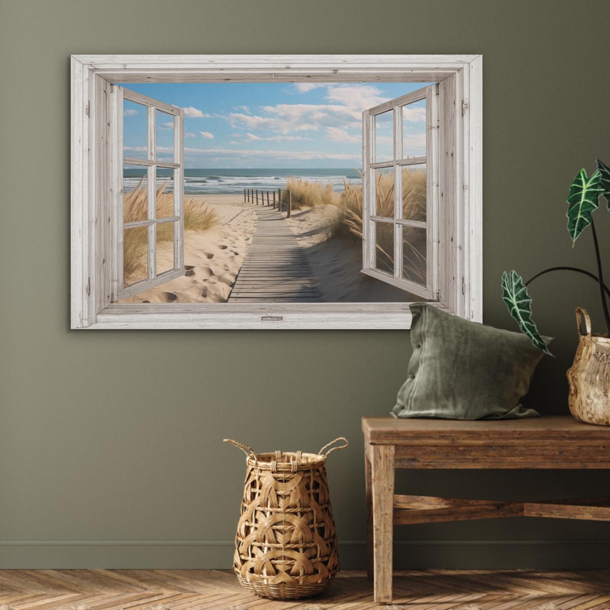 AKUSTIKBILD Fenster - Meer - Küste - Natur - Ausblick - Strand - Wattenmeer Akustikpaneele 90x60 cm - Beige, Kunststoff (90/60/0.9cm) - MuchoWow