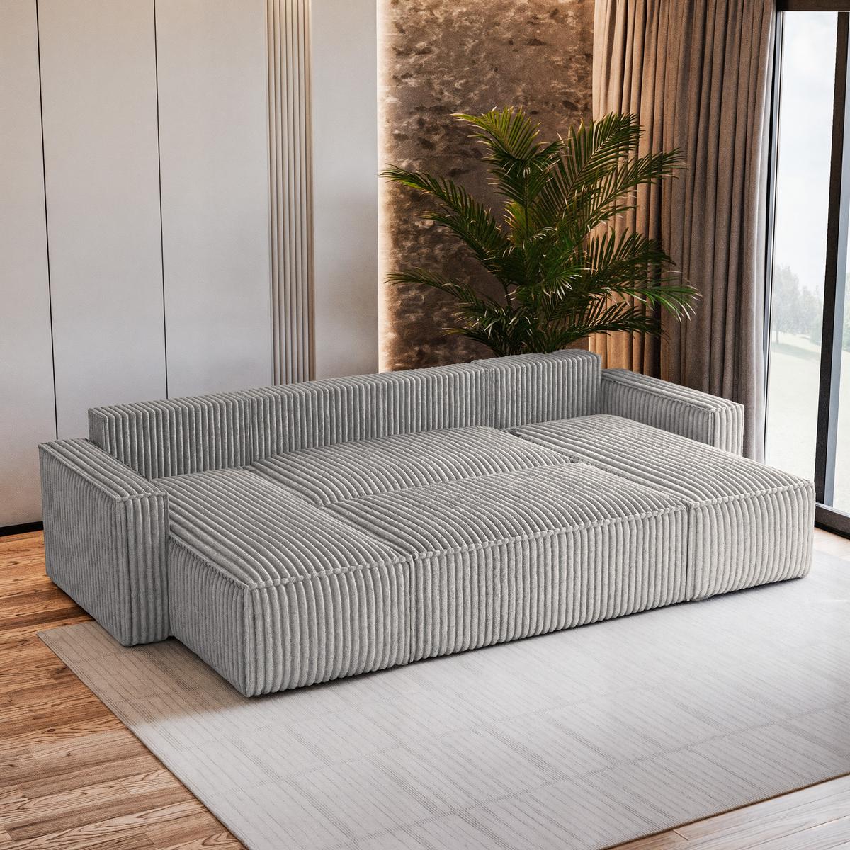 WOHNLANDSCHAFT PESANO T Hellgrau Kordstoff mit Schlaffunktion - Hellgrau/Grau, Holz/Kunststoff (306/85/140cm) - MASSENO