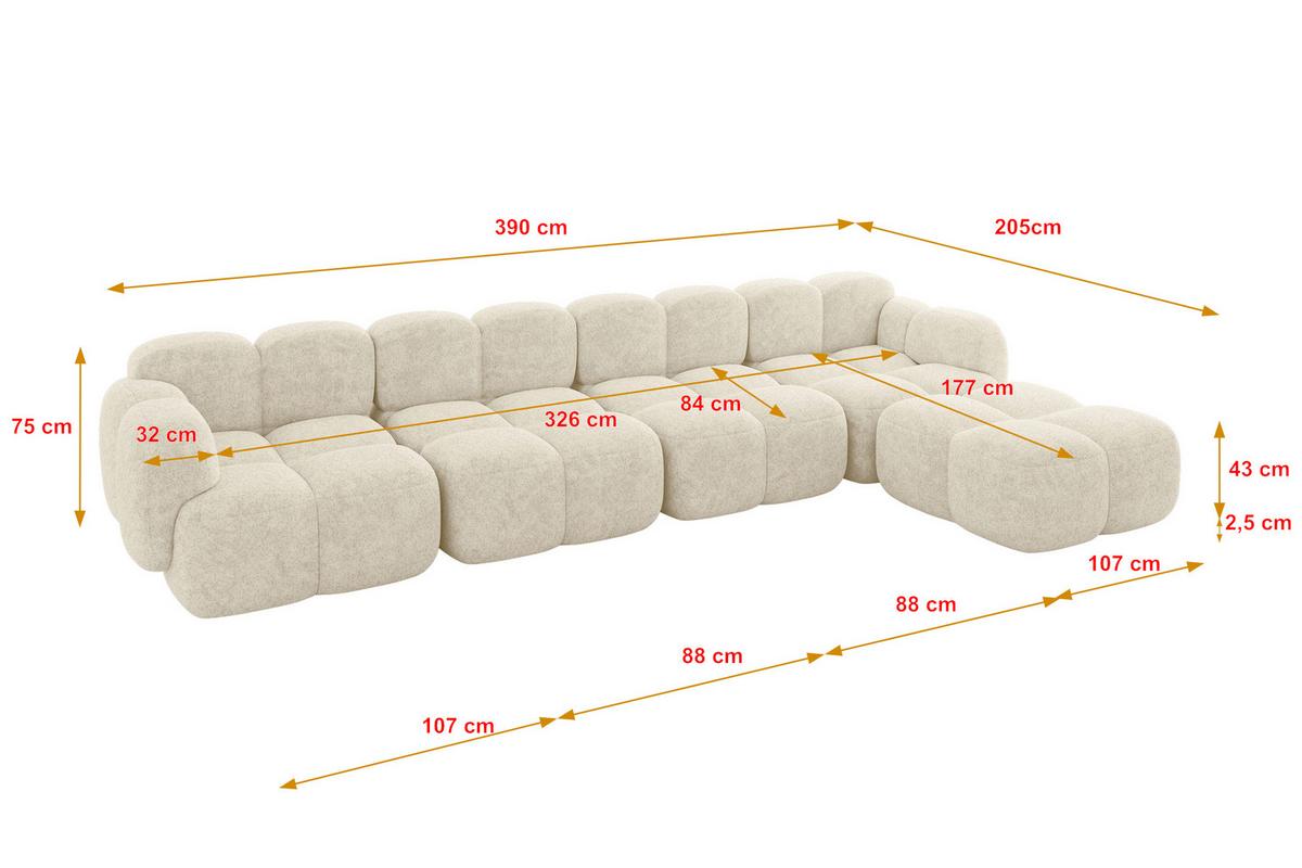 ECKSOFA modulares Sofa Rechts Miko-L3 390x205x75 Creme Velours - Creme/Schwarz, Holzwerkstoff/Kunststoff (390/205cm) - ALTDECOR