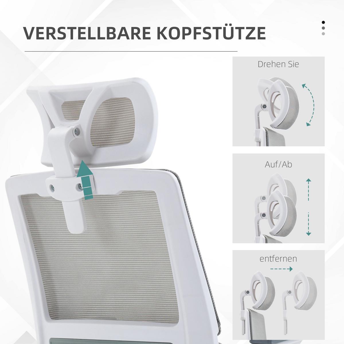 BÜROSTUHL Ergonomisch, Schreibtischstuhl mit Verstellbar Kopfstütze Mesh, Grau - Grau, Textil (61/121.5/60cm) - Vinsetto