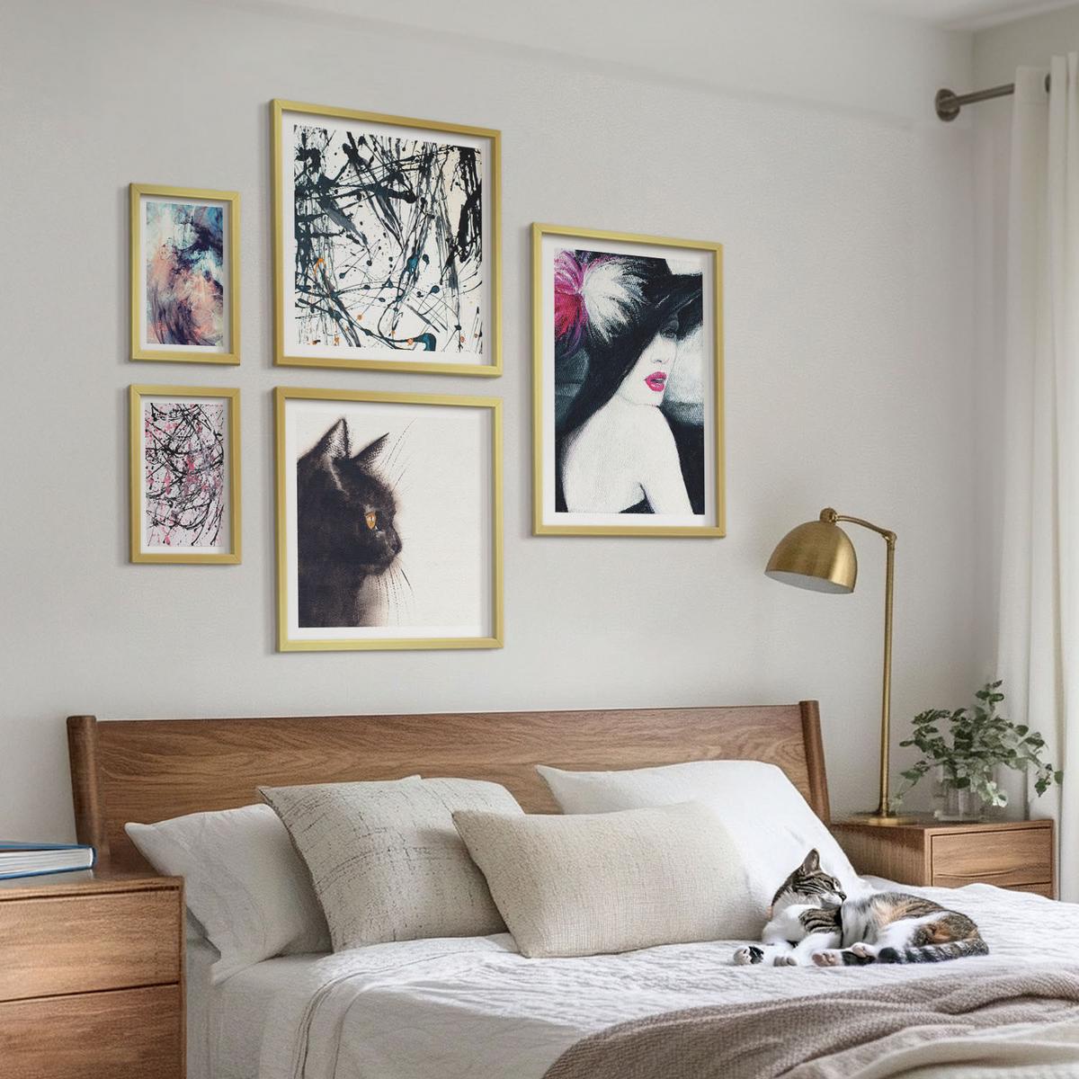 BILDER SET 5er Set - 50x50 cm & 20x30 cm & 40x60 cm Goldrahmen - Hintergrundmuster mit Pastellblumen - Goldfarben, Kunststoff (40/60cm) - TULUP