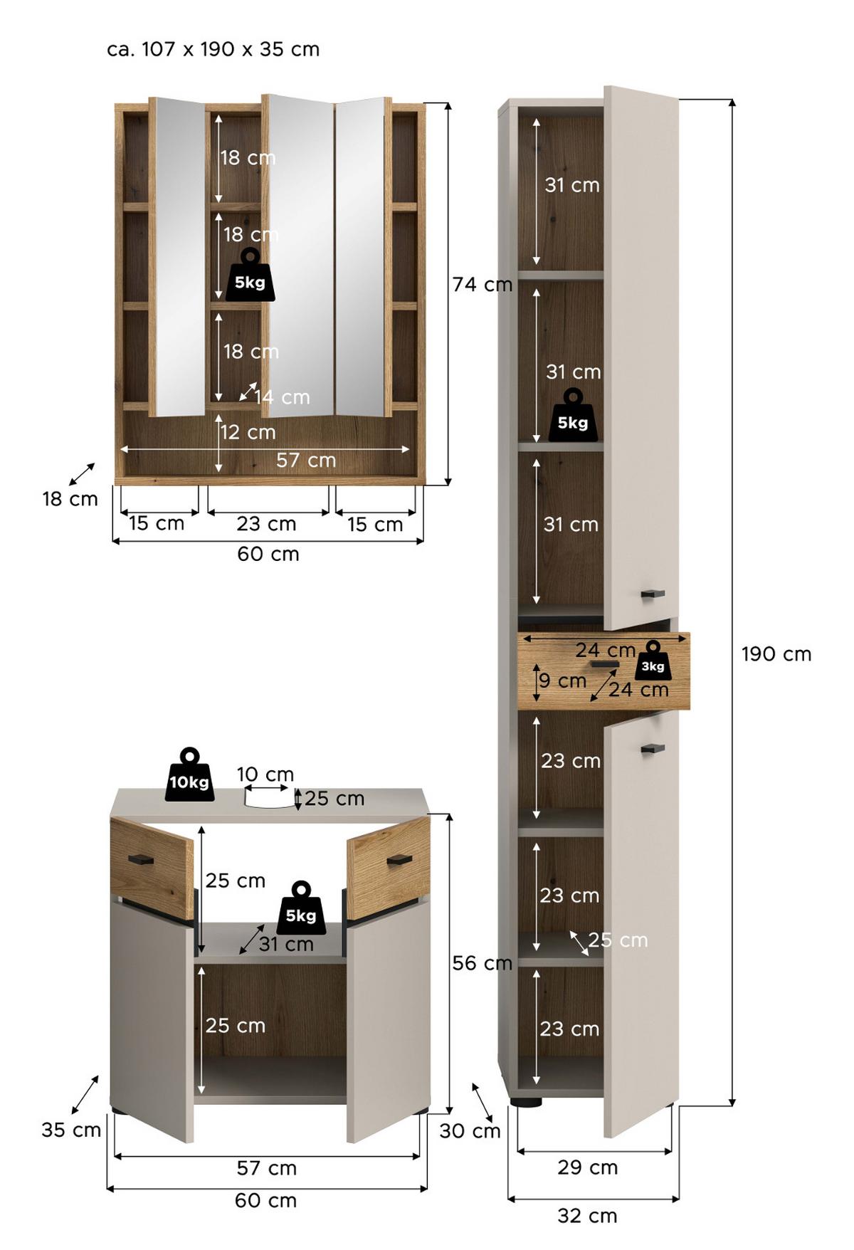 BADMÖBEL-SET Kaschmir, Evoke Eiche 3-teilig 107 cm, Komplettset mit viel Stauraum - Kaschmir/Eichefarben, Glas/Holzwerkstoff (107/191/35cm) - Inn.Furn
