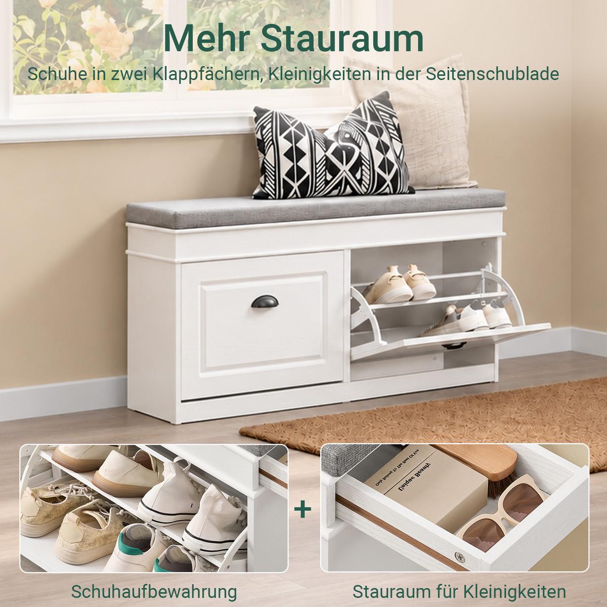 SCHUHBANK weiß, 104x52x24 cm, graues Sitzpolster, 8 Paar + Schublade, bis 150 kg - Weiß, Holzwerkstoff (104/54/24cm) - SoBuy