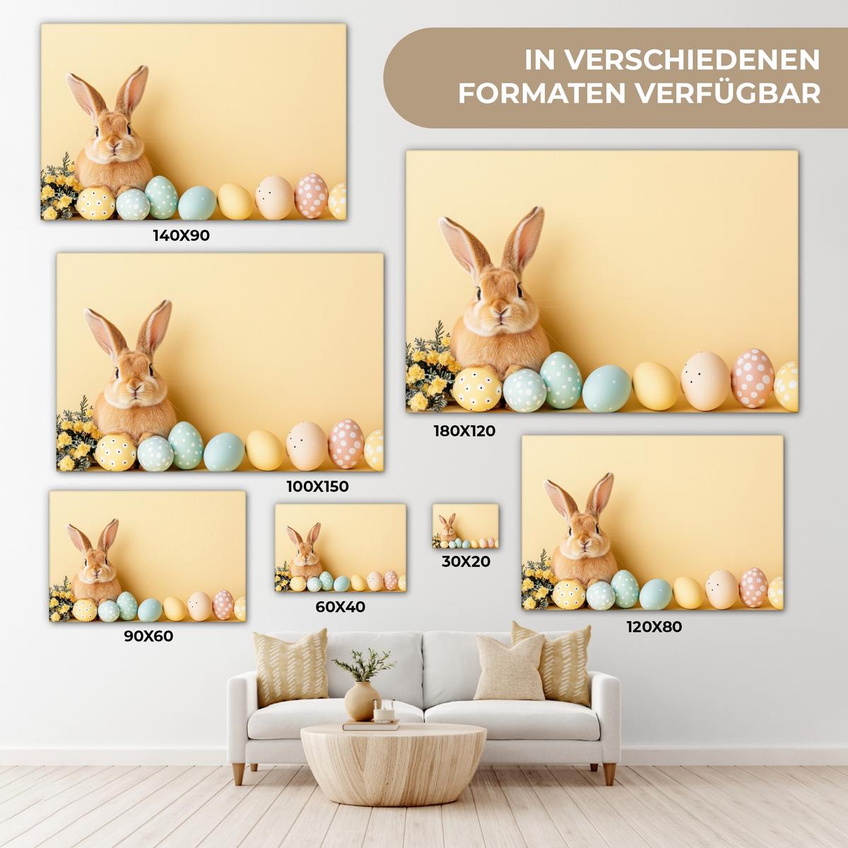 LEINWANDBILD Eier - Kaninchen - Pastellfarbtöne Groß 140x90 cm - Hellgelb, Textil (140/90cm) - MuchoWow