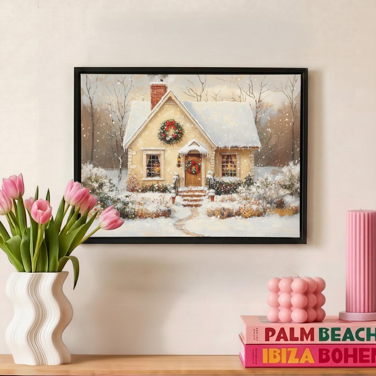 LEINWAND Bilder mit Rahmen - Weihnachten - Zuhause - Winter - Schnee - 40x30 - Creme, Textil (40/30cm) - MuchoWow