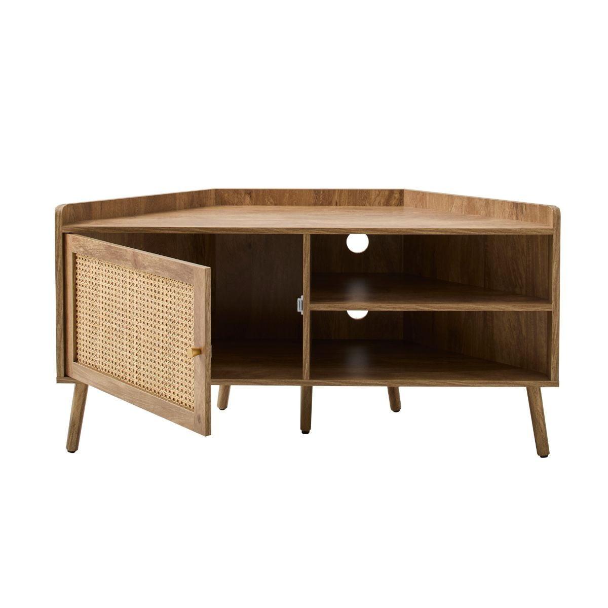ECK-TV-MÖBEL mit 1 Tür und Rattanfront sowie 2 offenen Fächern, L120 cm 40/120/60 cm - Eschefarben, Holzwerkstoff (40/60/48.5cm) - Calicosy