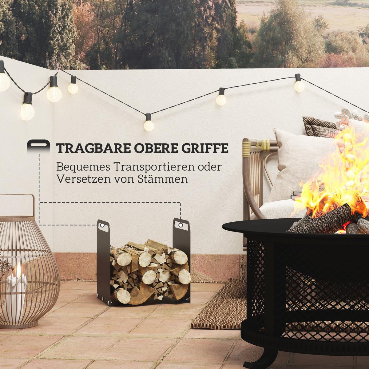 KAMINHOLZREGAL Brennholzregal mit Griffe Feuerholzregal bis 30 kg, Metall - Schwarz, Metall (30/36/36.5cm) - Outsunny
