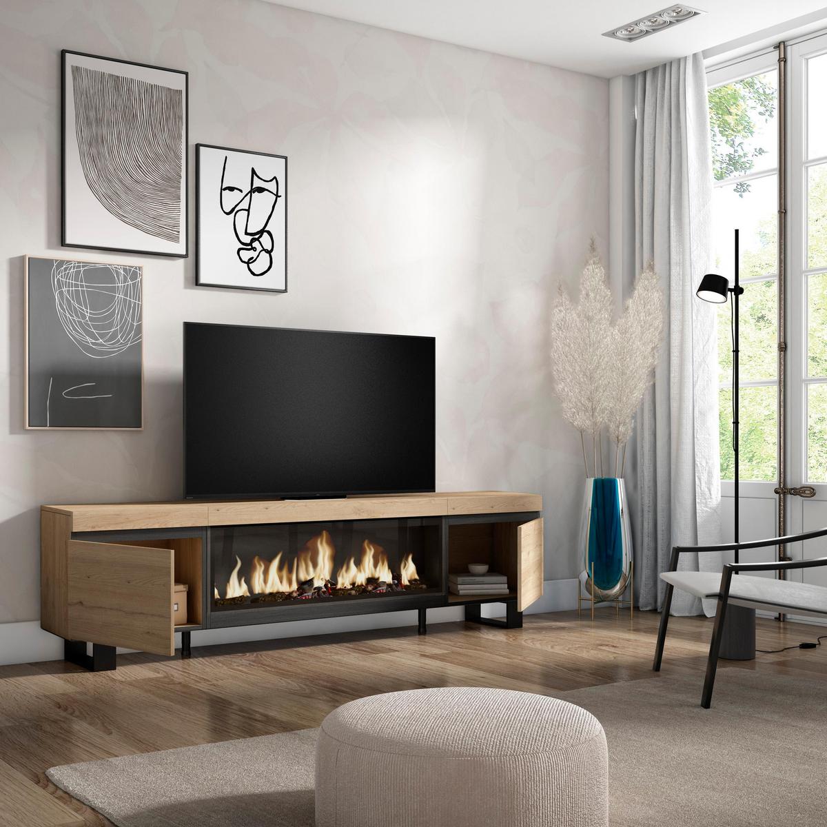 LOWBOARD, Tv-Schrank, mit Elektrokamin XXL, Eiche, 208/35/57cm - Eichefarben/Multicolor, Holzwerkstoff (208/57/35cm) - Skraut Home