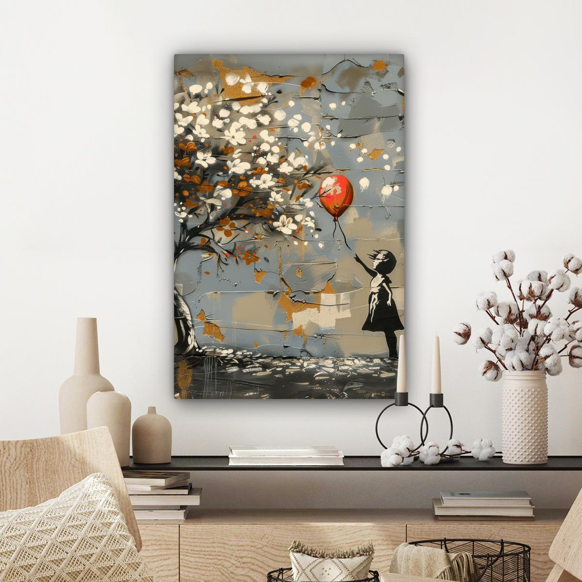 LEINWANDBILD Baum - Graffiti - Banksy-Stil - Ballon-Mädchen Wanddeko 40x60 cm - Blaugrau, Textil (40/60cm) - MuchoWow