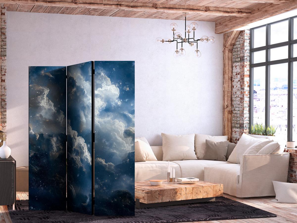 PARAVENT Akustik 3-tlg 135x172 cm Sternenhimmel mit Wolken - Blau, Holz/Textil (135/172/3cm) - Muralo