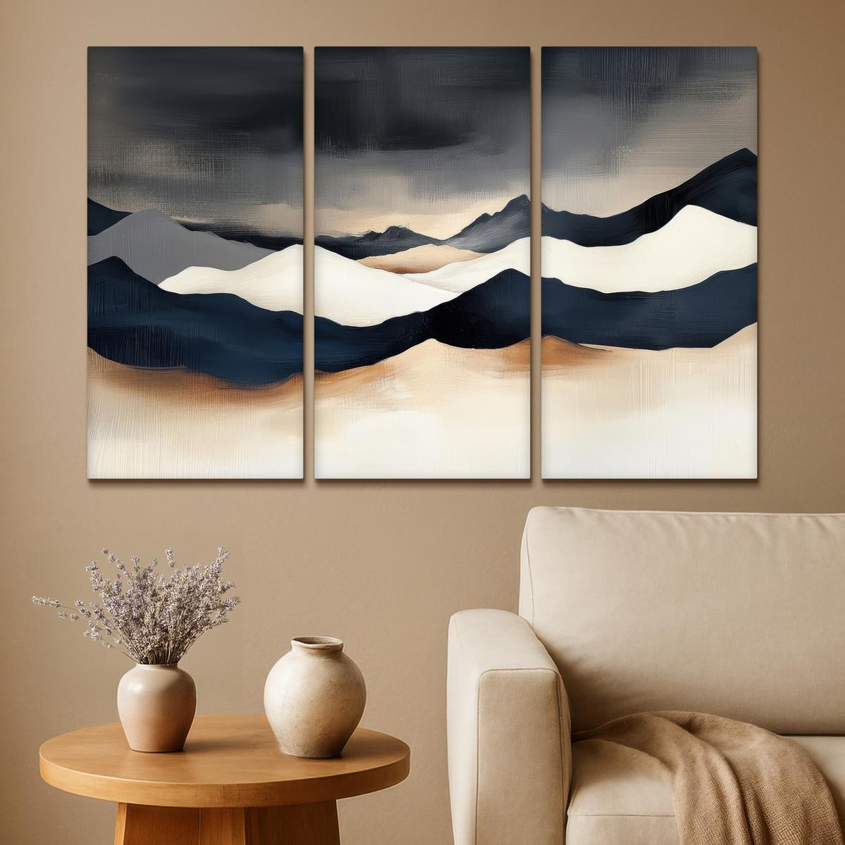 LEINWANDBILD 3er Set Landschaft - Abstrakt - Modern 120x80 cm - Dunkelblau, Textil (120/80cm) - MuchoWow