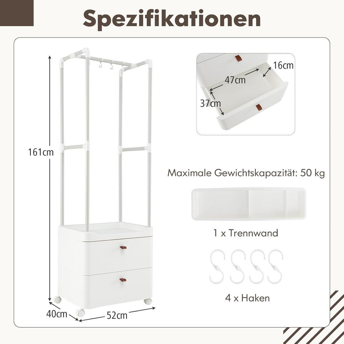 KLEIDERSTÄNDER 161cm Weiß - Weiß, Metall (52/161/40cm) - COSTWAY