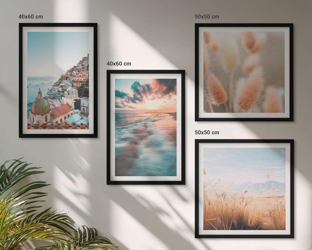 BILDER SET 4er Set - 50x50 cm & 40x60 cm Schwarzer Rahmen - Sonnenuntergang am Meer, Häuser, Blumen - Schwarz, Kunststoff (50/50cm) - TULUP
