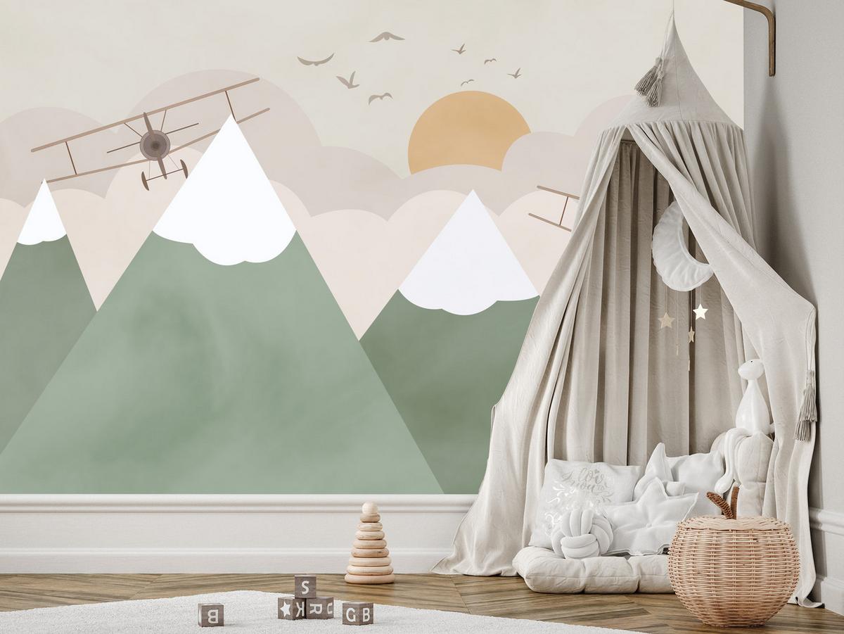 FOTOTAPETE für Kinderzimmer Berge Flugzeuge Wolken 400x280 - Beige/Orange, Papier (400/280cm) - Muralo