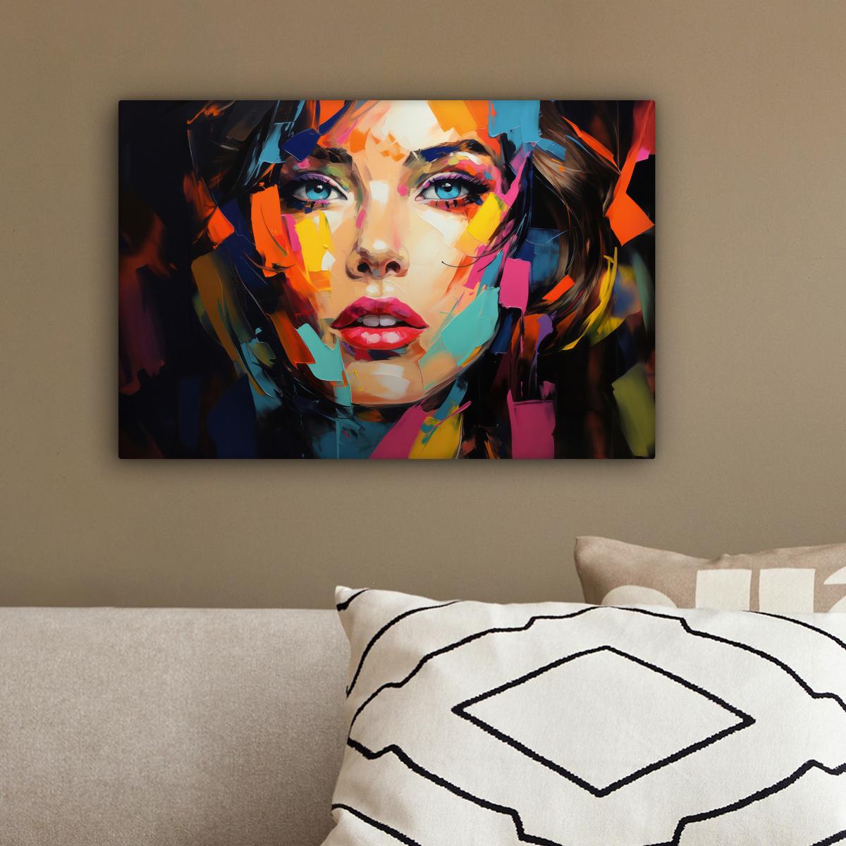 LEINWANDBILD Frau - Porträt - Farbenfroh - Kunst Deko Schlafzimmer 30x20 cm - Multicolor, Textil (30/20cm) - MuchoWow