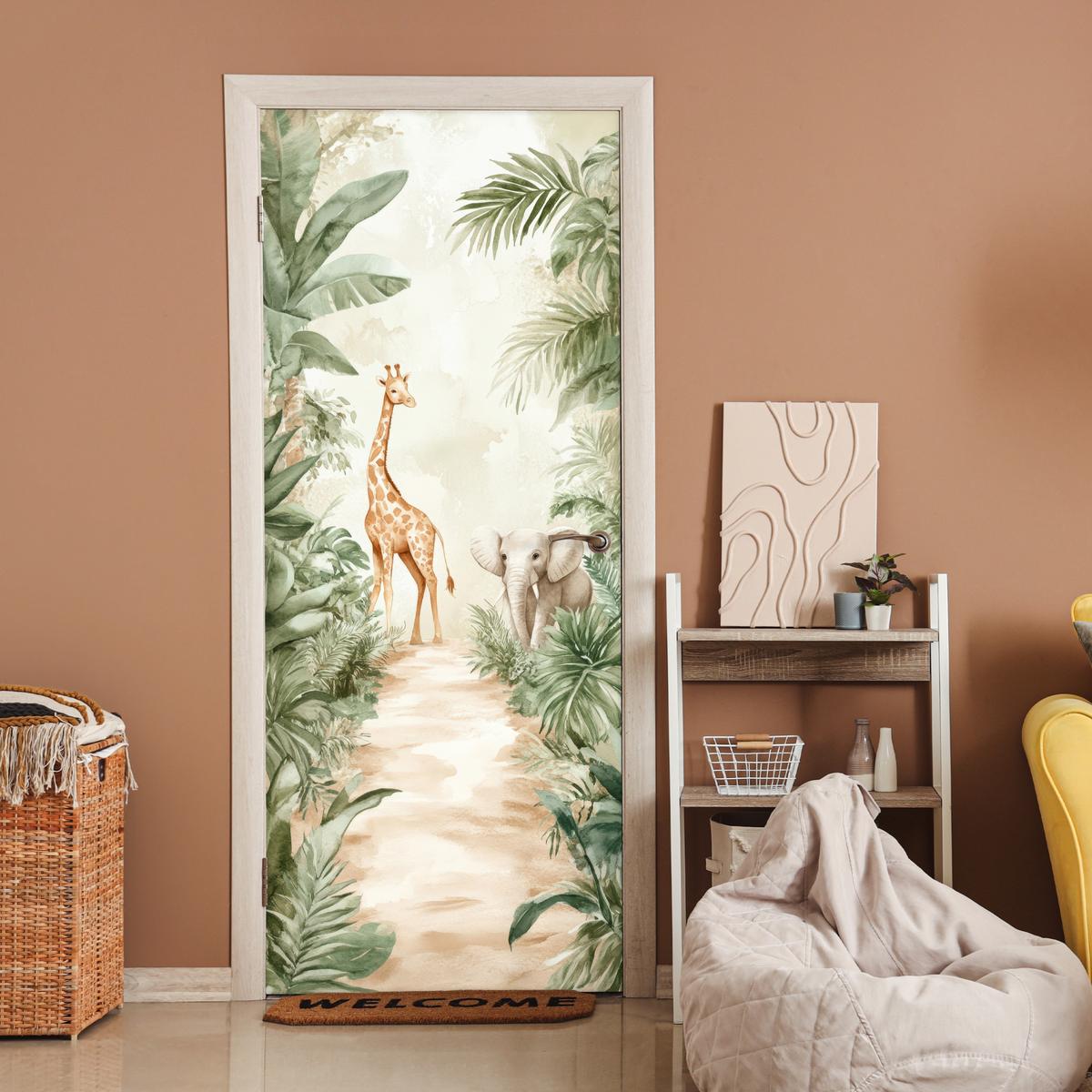 TÜRAUFKLEBER Dschungel - Giraffe - Elefant - Grün - Natur Room Decor 85x205 cm - Türtapete - Eukalyptusholzfarben, Kunststoff (85/0.1cm) - MuchoWow