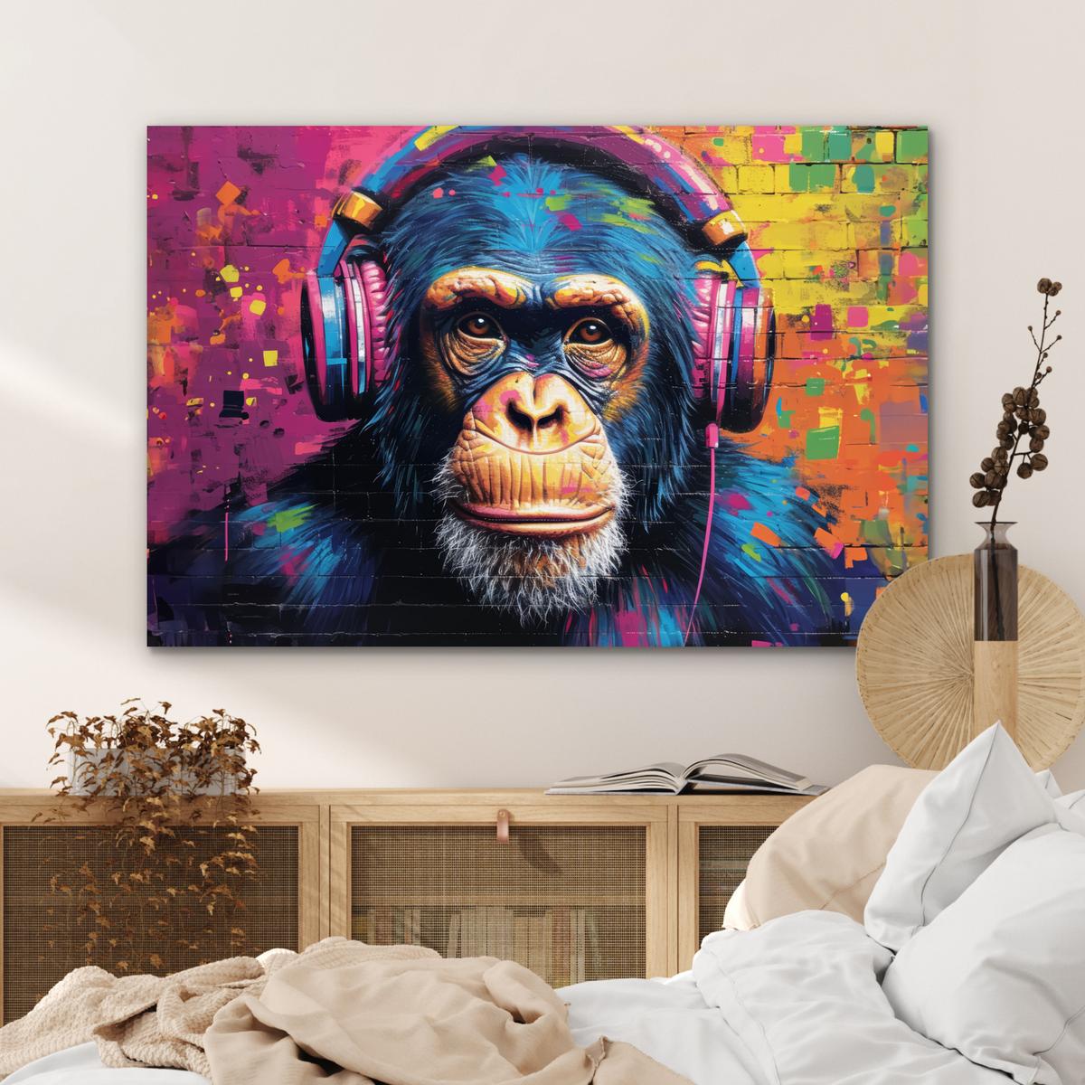 METALLBILD Graffiti - Schimpanse - Straßenkunst - Kopfhörer - Affe Wanddeko 90x60 cm - Blau, Metall (90/60cm) - MuchoWow