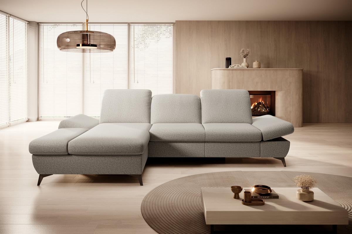 ECKSOFA FELICE L-S Beige Geflochtener Stoff mit Schlaffunktion - Creme, Holz (284/166cm) - MASSENO