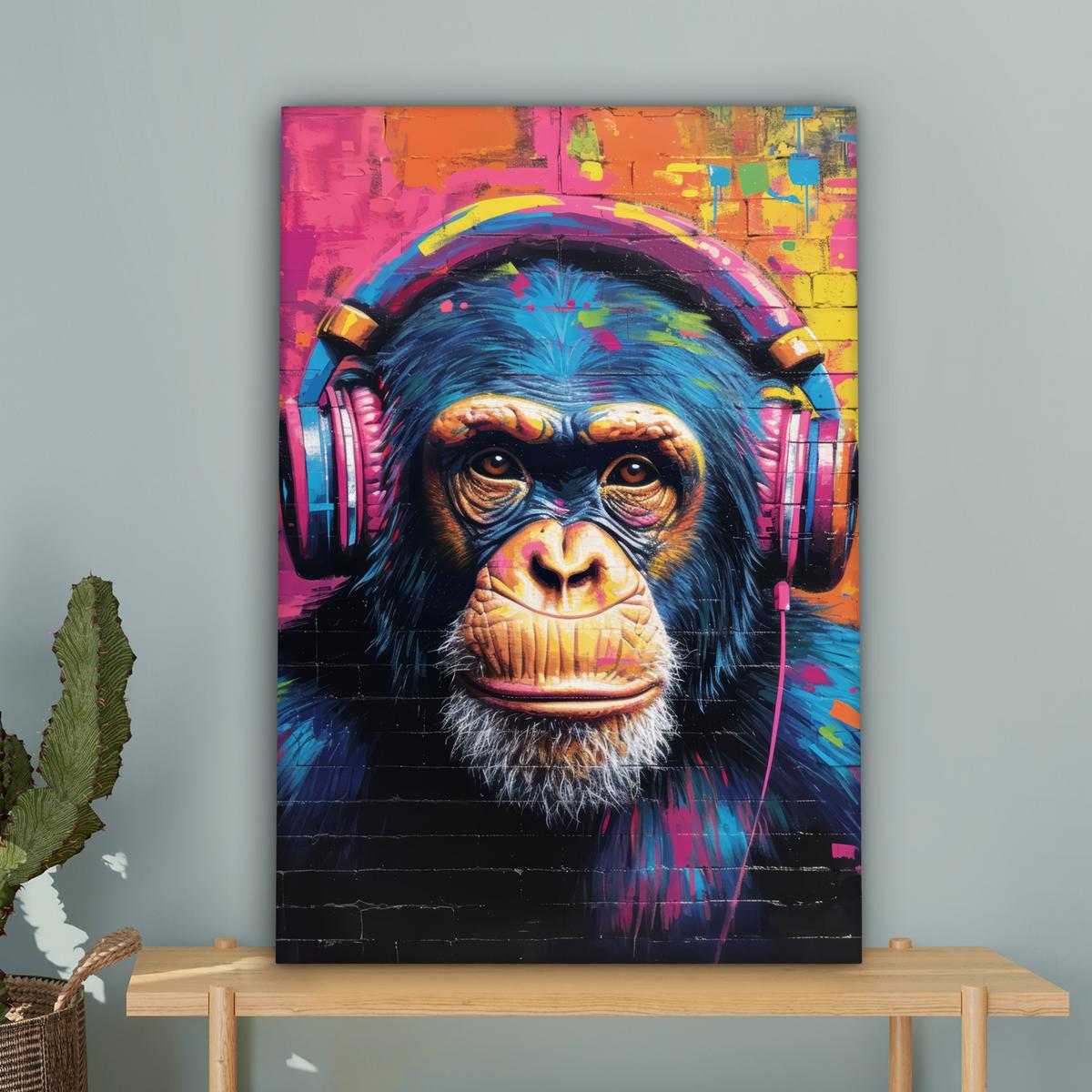 LEINWANDBILD Graffiti - Schimpanse - Straßenkunst - Kopfhörer - Affe Wanddeko Schlafzimmer 60x90 cm - Blau, Textil (60/90cm) - MuchoWow