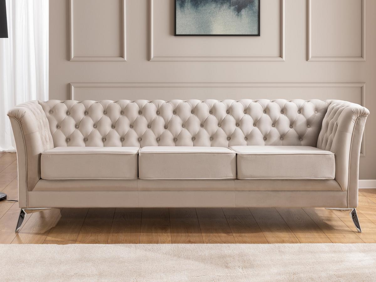 CHESTERFIELD-SOFA 3-sitzer Whitby Beige Samt mit silbernen Füßen - Beige/Silberfarben, Holz/Textil (237/78/82cm) - S-Style Möbel