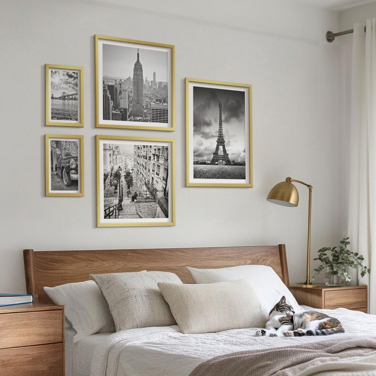 BILDER SET 5er Set - 50x50 cm & 20x30 cm & 40x60 cm Goldrahmen - Neonlinienwellen im Hintergrund - Goldfarben, Kunststoff (40/60cm) - TULUP